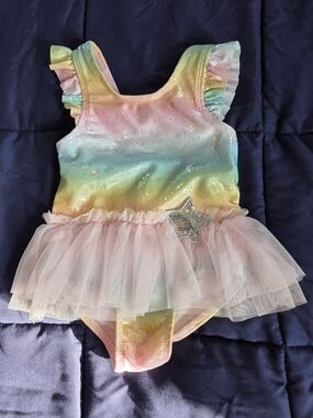 Rainbow Pastel Tutu One-Piece Swimsuit with Star Accent